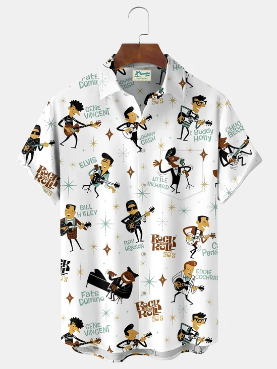 Royaura® Vintage Medieval Atomic Music Print Men's Casual Stylish Button Pocket Short Sleeve Shirt Big Tall