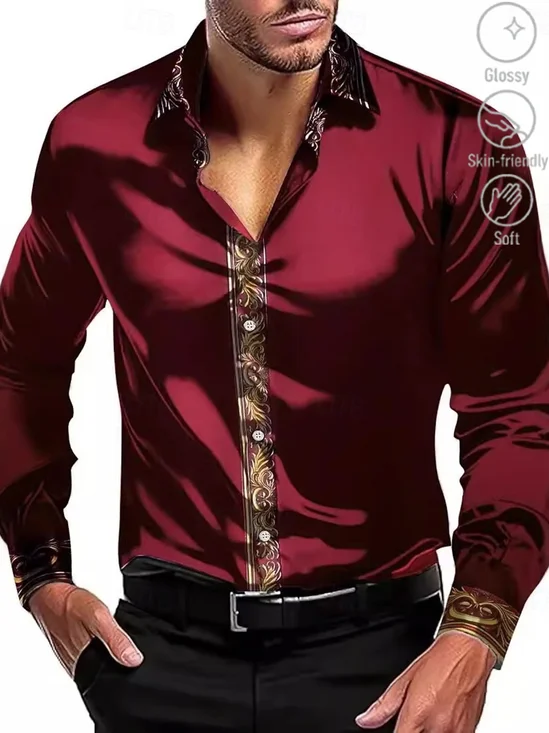 Royaura® Basic Casual Stylish Ethnic Patterns Print Men's Button Bagless Silk Like Satin Long Sleeve Shirt Big Tall