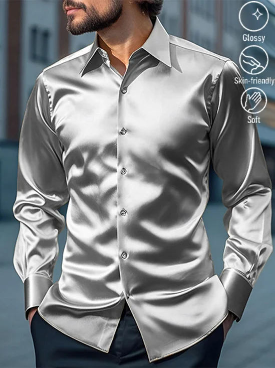 Royaura® Basic Casual Stylish Plain Color Men's Button Bagless Silk Like Satin Long Sleeve Shirt Big Tall
