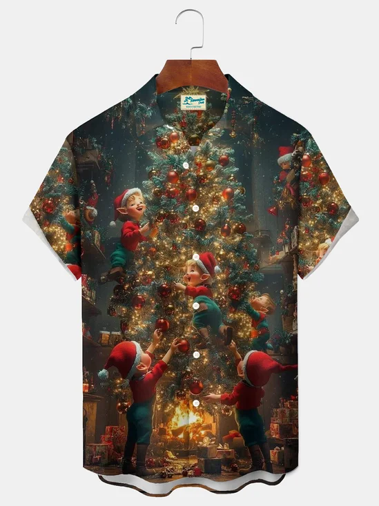 Royaura® Holiday Christmas Tree Elves Art Print Men's Button Pocket Short Sleeve Shirt Big & Tall