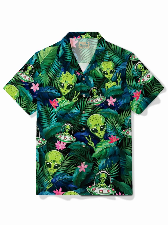 Royaura® Beach Vacation Men's Hawaiian Shirt Plant Alien Print Pocket Camping Shirt Big Tall