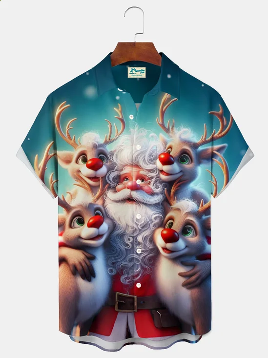 Royaura® Holiday Christmas Santa Deer Art Print Men's Button Pocket Short Sleeve Shirt Big & Tall