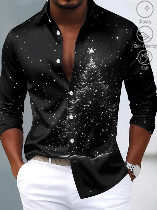 Royaura® Christmas Tree Print Casual Fashion Men's Button Bagless Silk Like Satin Long Sleeve Shirt Big Tall
