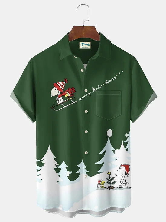 Royaura® Christmas Cartoon Print Casual Stylish Hawaiian Shirt Summer Shirts Pocket Short Sleeve Shirt Big Tall