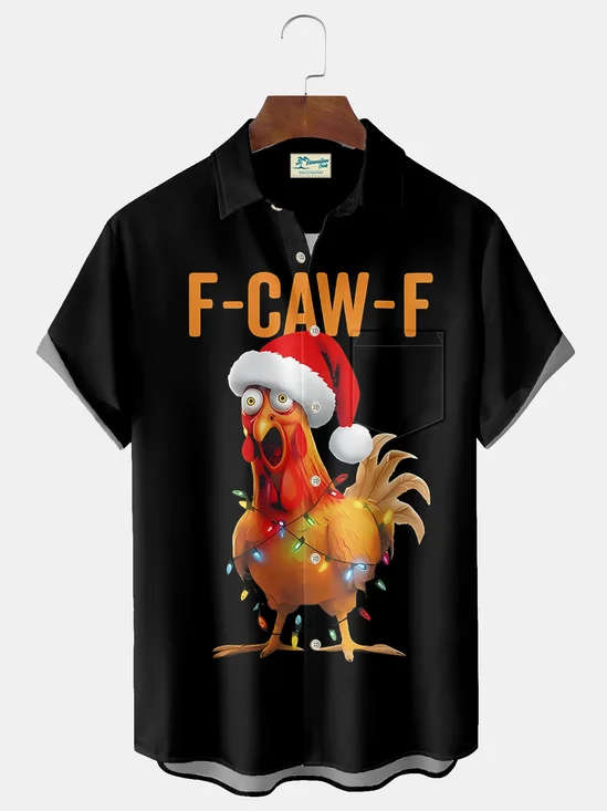 Royaura® Christmas Screaming Chicken Cartoon Print Casual Stylish Hawaiian Shirt Summer Shirts Pocket Short Sleeve Shirt Big Tall