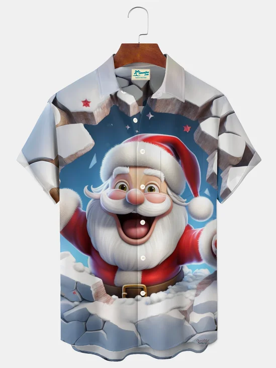 Royaura® Holiday Christmas Santa Art Print Men's Button Pocket Short Sleeve Shirt Big & Tall