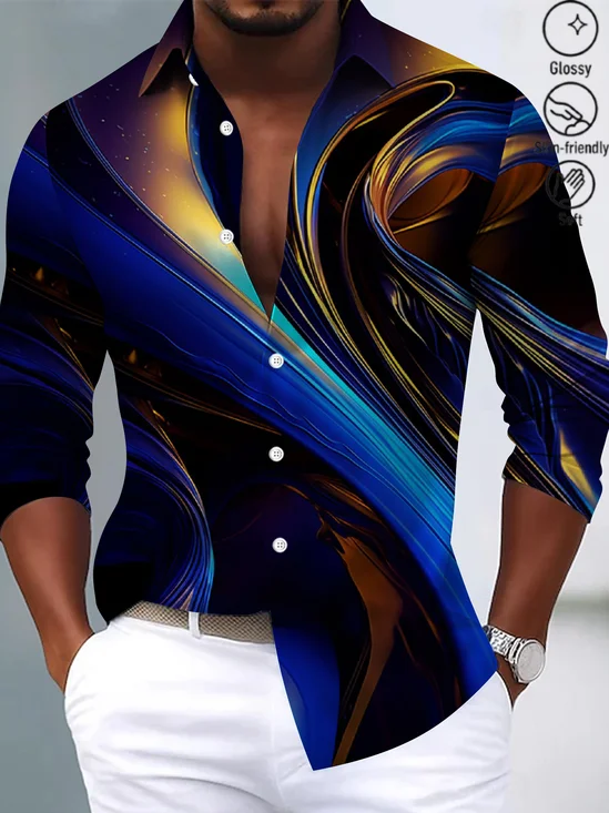 Royaura® Vintage Gradient Stripe Print Men's Button-Down Satin Long Sleeve Shirt Big & Tall