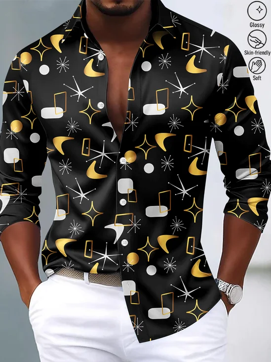 Royaura® Vintage Medieval Atomic Geometry Print Fashion Men's Button Bagless Silk Like Satin Long Sleeve Shirt Big Tall