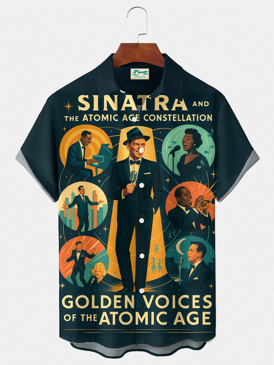 Royaura® Vintage Jazz Music Sinatra and the Atomic Age Constellation Graphic Print Men's Button Pocket Short Sleeve Shirt Big & Tall