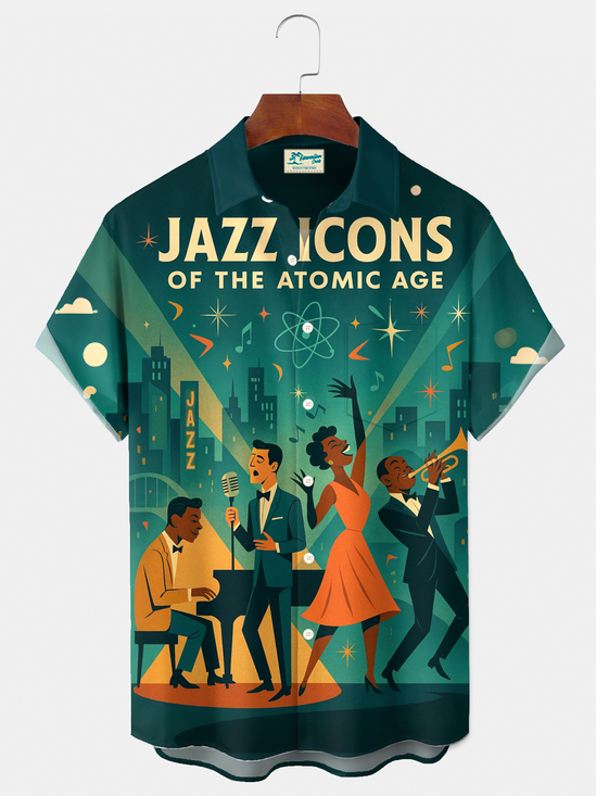 Royaura® Vintage Jazz Music Icon of The Atomic Age Graphic Print Men's Button Pocket Short Sleeve Shirt Big & Tall