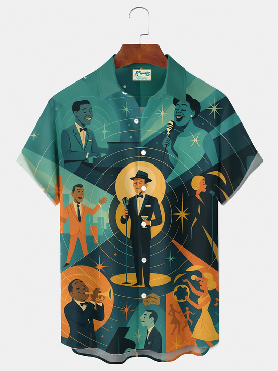 Royaura® Vintage Jazz Music Sinatra and the Atomic Age Constellation Graphic Print Men's Button Pocket Short Sleeve Shirt Big & Tall