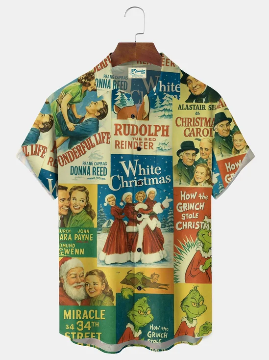 Royaura® Christmas Movie Print Men's Button Pocket Short Sleeve Shirt Big & Tall