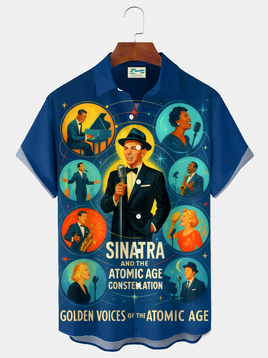 Royaura® Vintage Jazz Music Sinatra and the Atomic Age Constellation Graphic Print Men's Button Pocket Short Sleeve Shirt Big & Tall