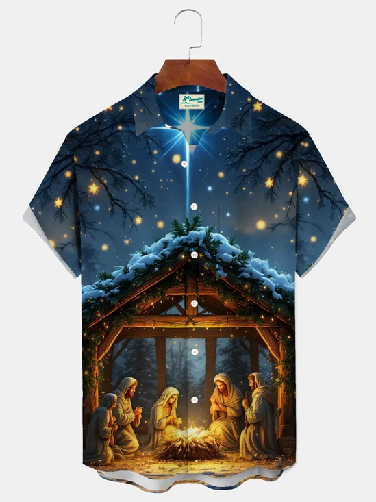 Royaura® Holiday Christmas Jesus Christian Art Print Men's Button Pocket Short Sleeve Shirt Big & Tall