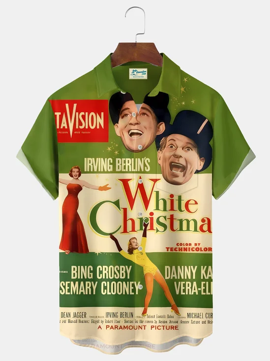 Royaura® Christmas White Christmas Print Casual Stylish Hawaiian Shirt Summer Shirts Pocket Short Sleeve Shirt Big Tall