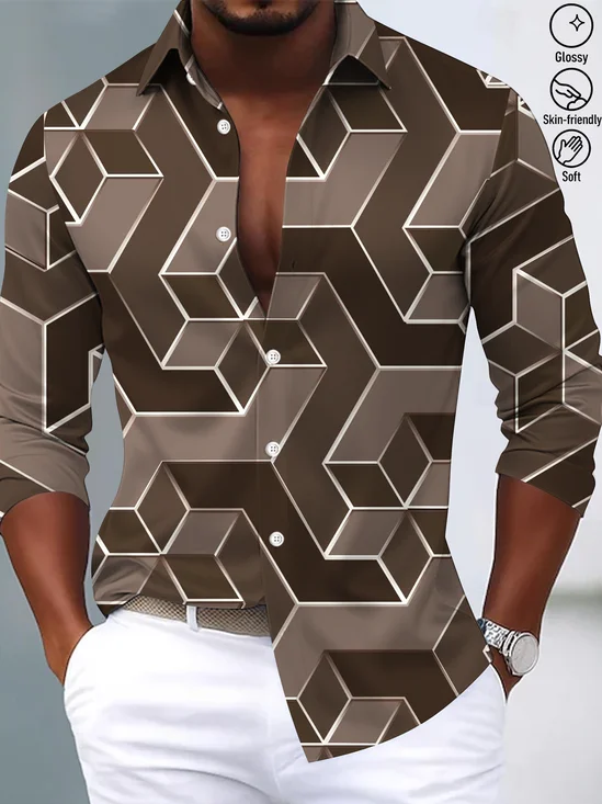 Royaura Vintage Gradient Geometric Art Men's Satin Button-Down Long Sleeve Shirt Big & Tall