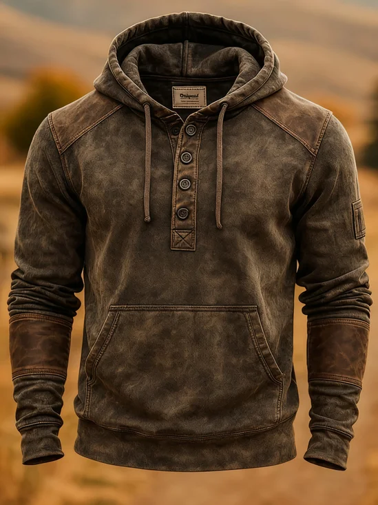 Royaura® Vintage Men's Casual Fashion Ethnic Style Button Drawstring Hooded Sweatshirt