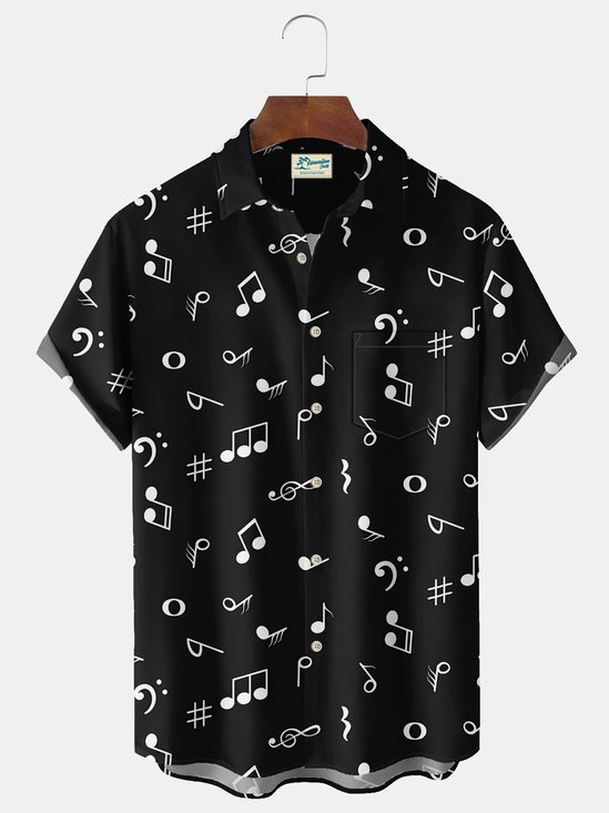 Royaura® Vintage Music Notes Print Men's Casual Stylish Button Pocket Short Sleeve Shirt Big Tall