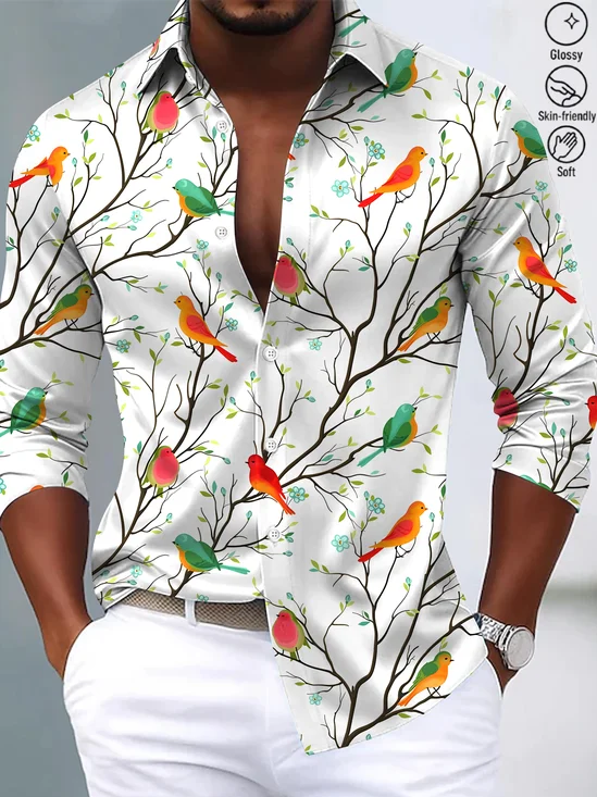 Royaura® Vintage Bird Print Fashion Men's Button Bagless Silk Like Satin Long Sleeve Shirt Big Tall
