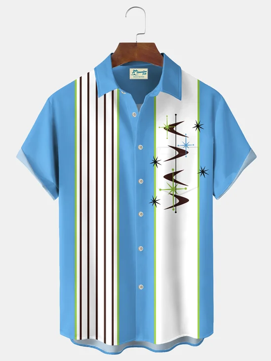 Royaura® Vintage Bowling Medieval Atomic Geometry Print Men's Casual Stylish Button Pocket Short Sleeve Shirt Big Tall