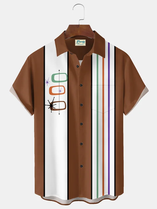 Royaura® Vintage Bowling Medieval Atomic Geometry Print Men's Casual Stylish Button Pocket Short Sleeve Shirt Big Tall