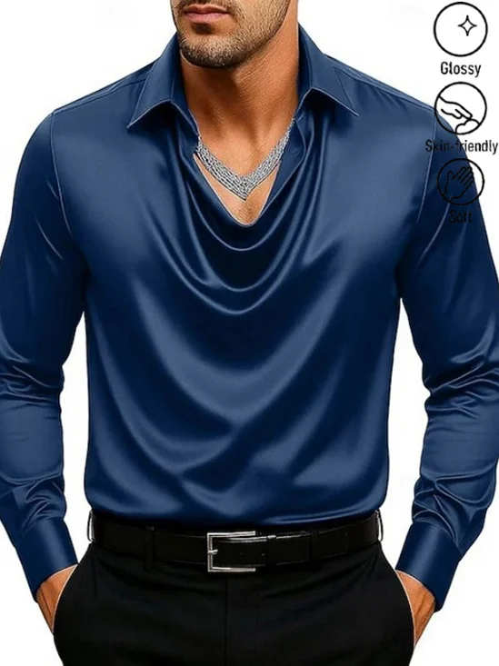Royaura® Solid Basic Glossy Satin Men's Party Long Sleeve Shirt Big & Tall