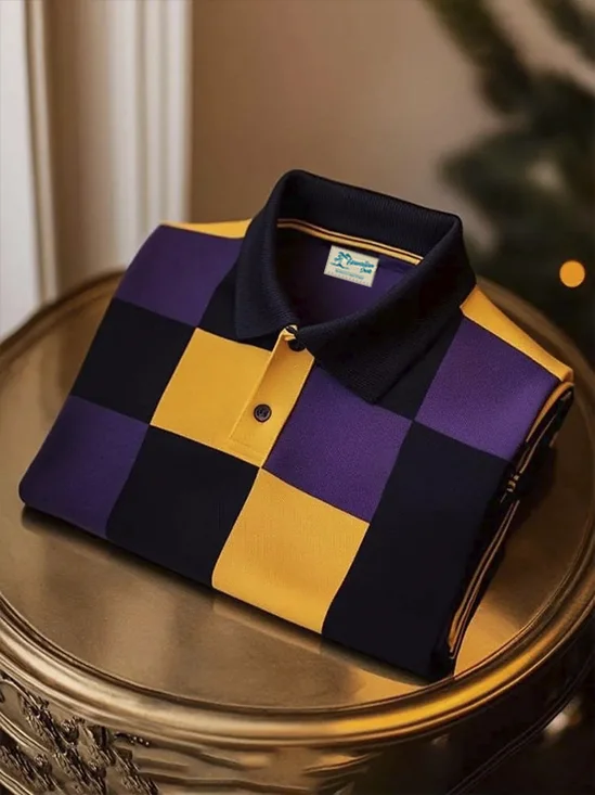 Royaura® Men's Tricolor Plaid Print Lapel Short Sleeve Polo Shirt Big & Tall