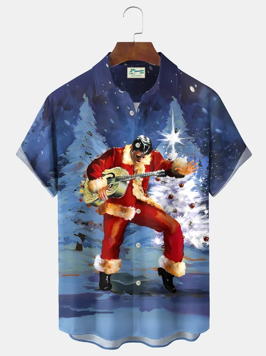 Royaura® Christmas Musical Cartoon Print Casual Stylish Hawaiian Shirt Summer Shirts Pocket Short Sleeve Shirt Big Tall
