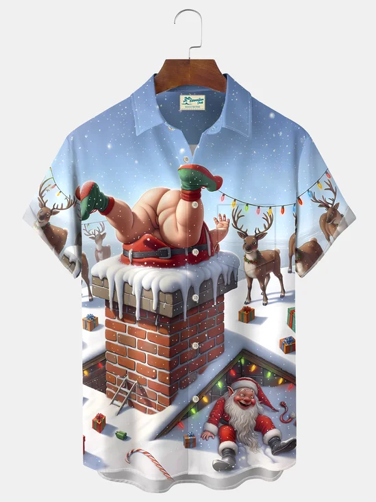 Royaura® Christmas Fun Cartoon Print Casual Stylish Hawaiian Shirt Summer Shirts Pocket Short Sleeve Shirt Big Tall