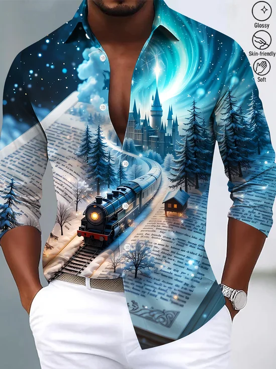 Royaura® Christmas Train Art Print Casual Fashion Men's Button Bagless Silk Like Satin Long Sleeve Shirt Big Tall