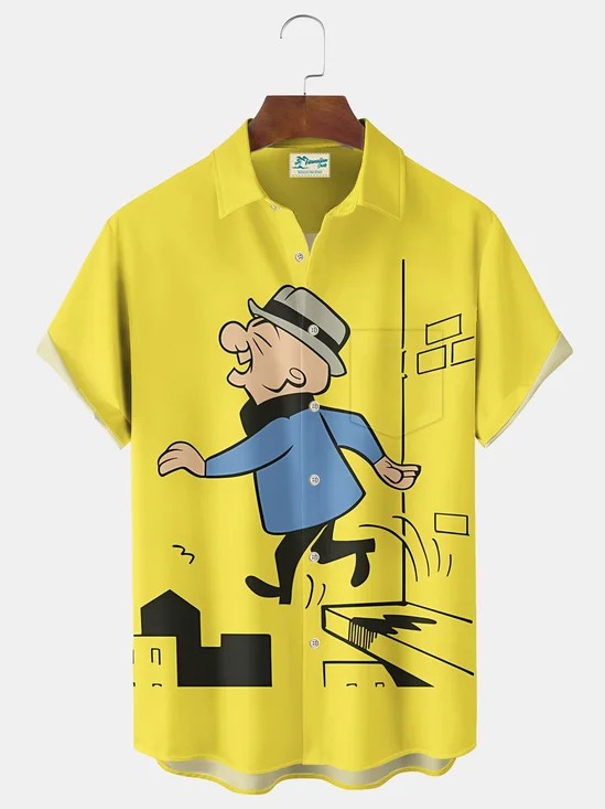 Royaura® Vintage Cartoon Print Men's Casual Stylish Button Pocket Short Sleeve Shirt Big Tall