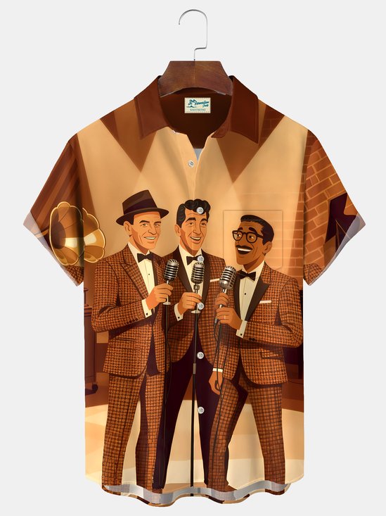 Royaura® Vintage Medieval Atomic Music Cartoon Print Men's Casual Stylish Button Pocket Short Sleeve Shirt Big Tall