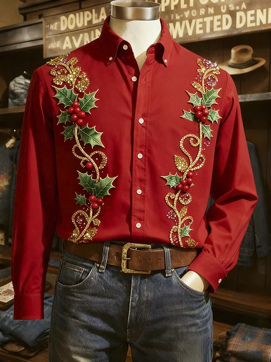 Royaura® Christmas Pattern Print Men's Lapel Button-Down Long Sleeve Shirt Big & Tall