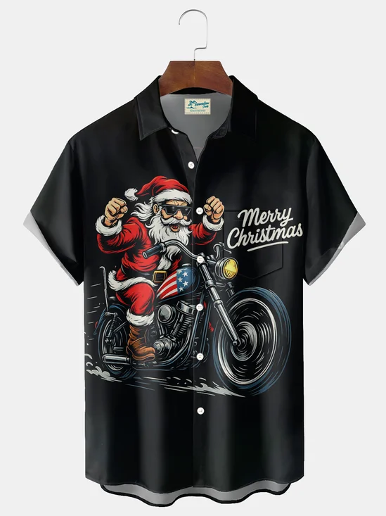 Royaura® Christmas Harley-Davidson Santa Claus Print Men's Button Pocket Short Sleeve Shirt Big & Tall