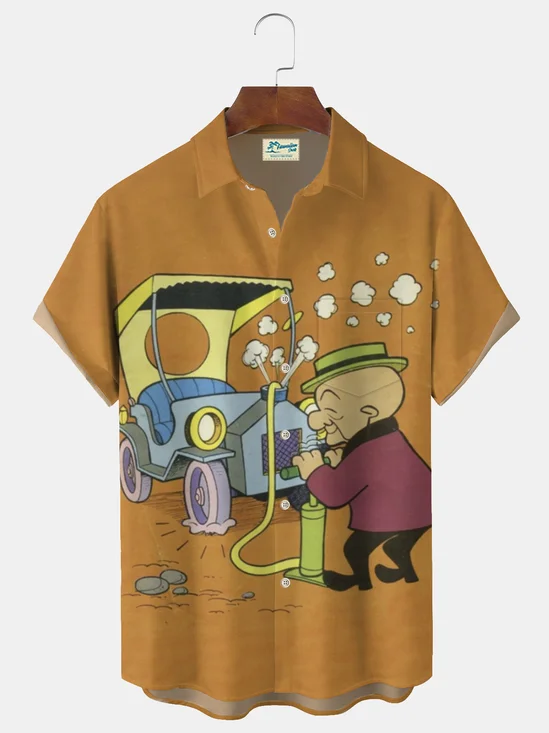 Royaura® Retro Cartoon Print Men's Casual Fashion Button Pocket Short Sleeve Shirt Big & Tall