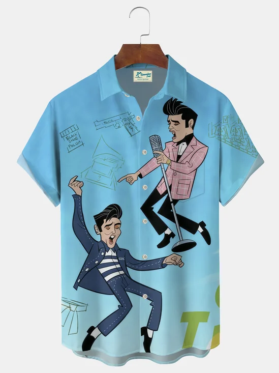 Royaura® Retro Super Singer Print Men's Casual Fashion Button Pocket Short Sleeve Shirt Big & Tall