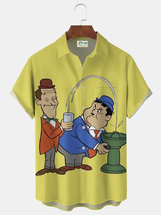 Royaura® Retro Cartoon Print Men's Casual Fashion Button Pocket Short Sleeve Shirt Big & Tall