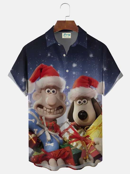 Royaura® Fun Christmas Character Print Men's Casual Fashion Button Pocket Short Sleeve Shirt Big & Tall