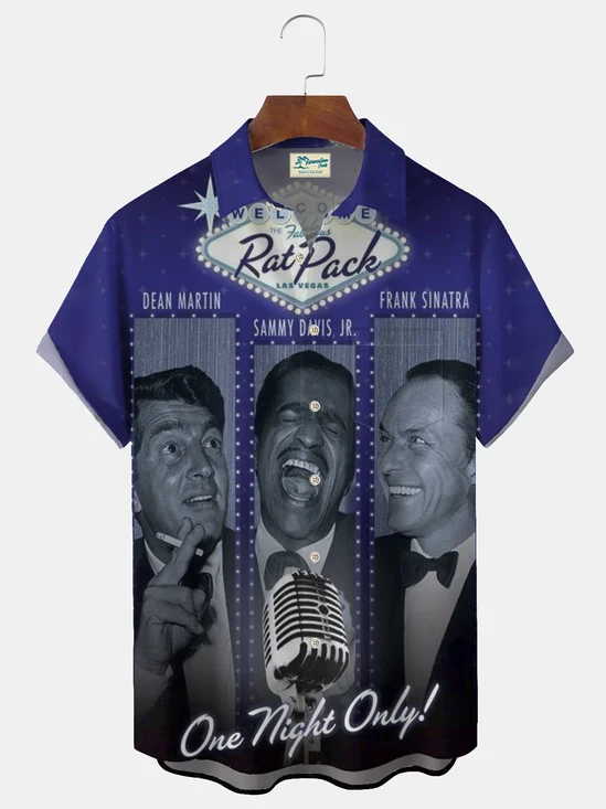 Royaura® Retro Rat Pack Print Men's Casual Fashion Button Pocket Short Sleeve Shirt Big & Tall