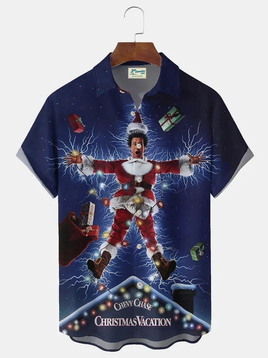 Royaura® Fun Christmas Movie Print Men's Casual Fashion Button Pocket Short Sleeve Shirt Big & Tall