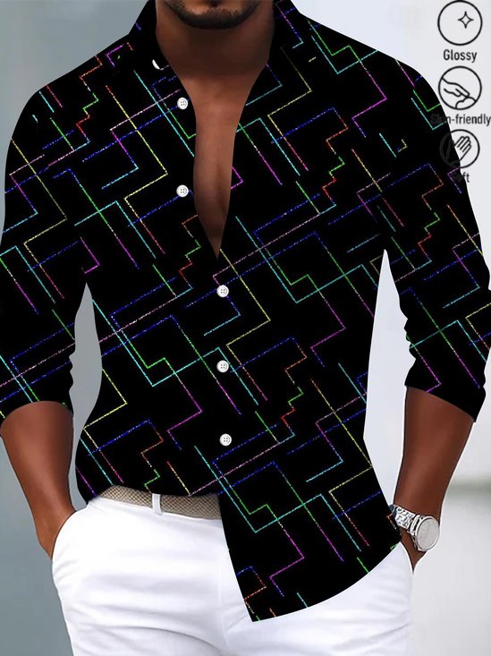 Royaura® Retro Geometric Stripe Print Men's Fashion Satin Button Long Sleeve Shirt Big & Tall
