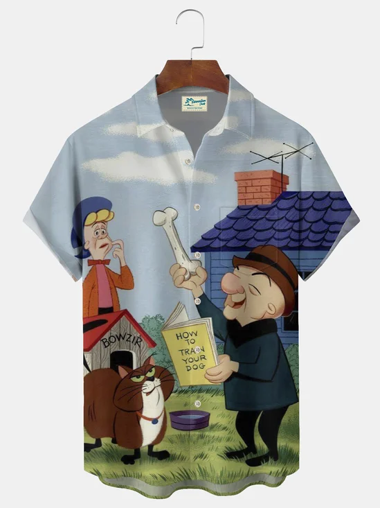 Royaura® Retro Cartoon Print Men's Casual Fashion Button Pocket Short Sleeve Shirt Big & Tall