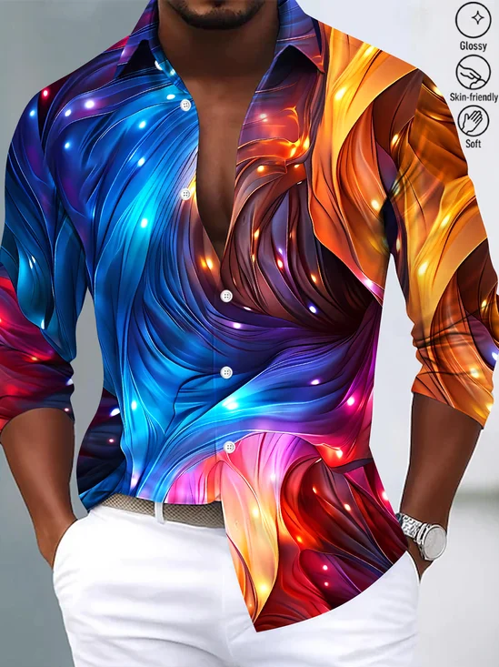 Royaura® Vintage Abstract Art Print Fashion Men's Button Bagless Silk Like Satin Long Sleeve Shirt Big Tall