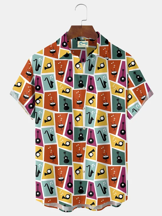 Royaura® Vintage Medieval Atomic Music Print Men's Casual Stylish Button Pocket Hawaiian Summer Shirts Short Sleeve Shirt Big Tall