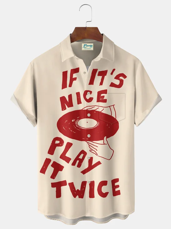 Royaura® Vintage If It's Nice Play It Twice Music Print Men's Casual Stylish Button Pocket Hawaiian Summer Shirts Short Sleeve Shirt Big Tall