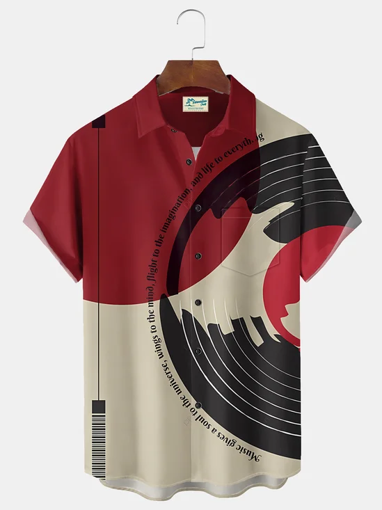Royaura® Vintage Music Print Men's Casual Stylish Button Pocket Hawaiian Summer Shirts Short Sleeve Shirt Big Tall