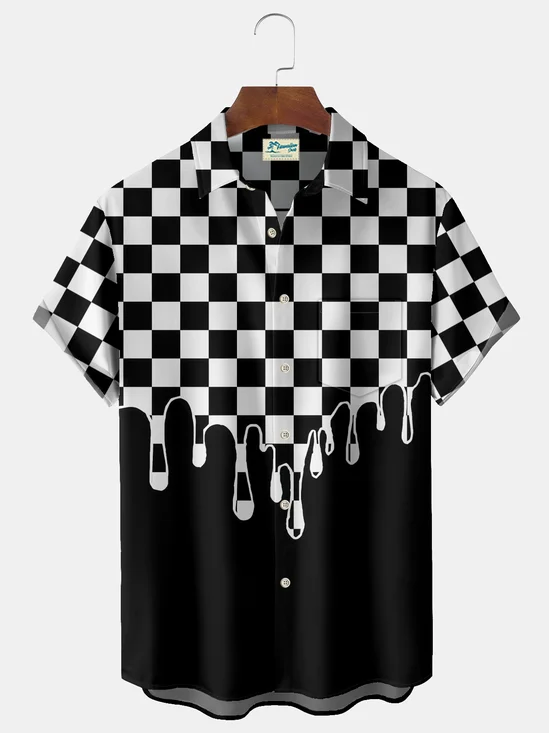 Royaura® Vintage Checkerboard Print Men's Casual Stylish Button Pocket Hawaiian Summer Shirts Short Sleeve Shirt Big Tall