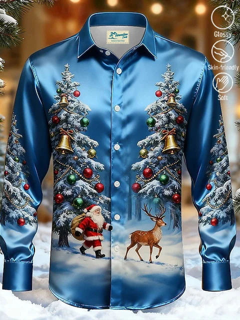 Royaura® Men's Christmas Tree Glossy Print Button Pocket Satin Long-Sleeve Dress Shirt Big & Tall