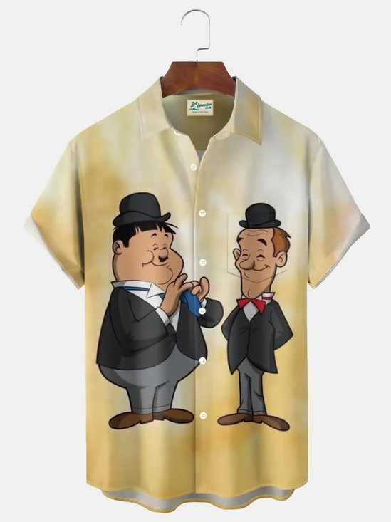 Royaura® Retro Gradient Art Cartoon Print Men's Button Pocket Short Sleeve Shirt Big & Tall