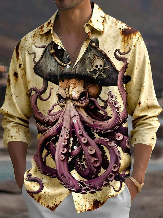Royaura® Men's Vintage Octopus Print Button Pocket Long Sleeve Shirt Big & Tall